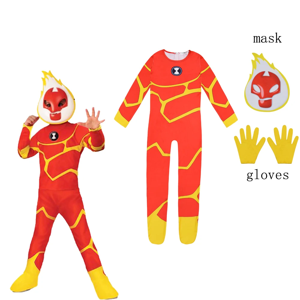 Kids Halloween Costume Anime Cartoon Ben 10 Fireman Cosplay Bodysuit Boys Carnival Party Clothing Children Fancy Jumpsuits+mask