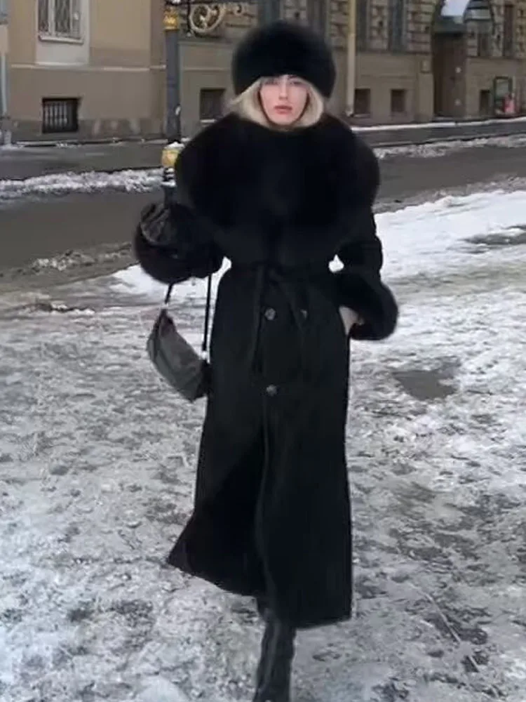 HH Winter Women Elegant Lapel Fur Collar Pockets Woolen Long Coat Female Temperament Warm Long Sleeve Double-breasted Belt Jacke