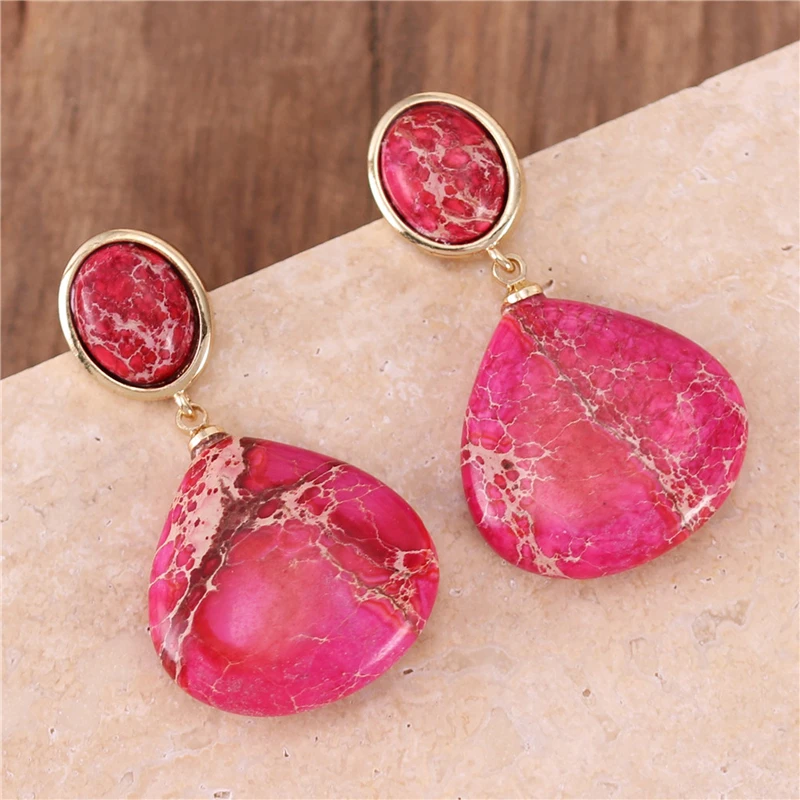 Trendy Red Imperial Jasper Dangle Stud Earrings Gold Women Teardrop Natural Stone Drop Earrings Luxury Jewelry Bijoux Wholesale