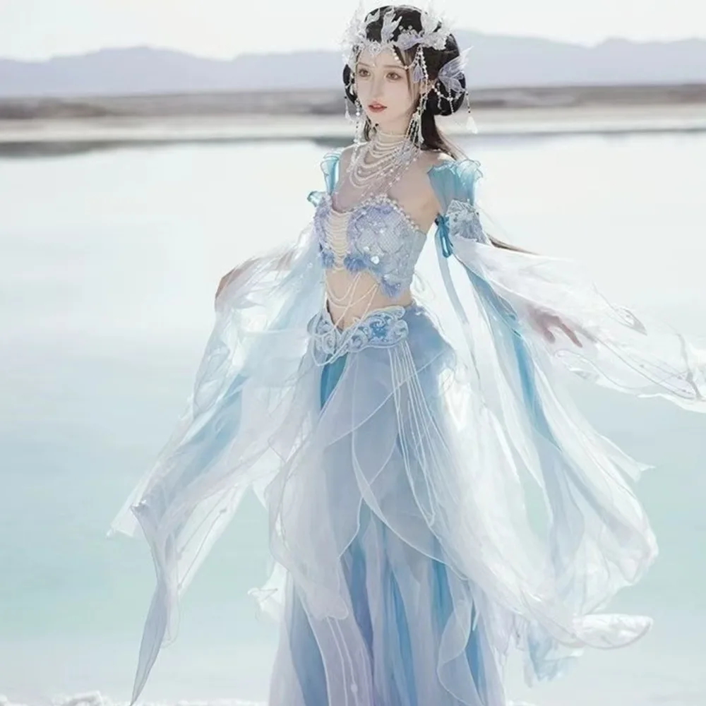 

Chinese improved Hanfu exotic style mermaid princess gradient print embroidery Chinese element fairy cosplay costume set