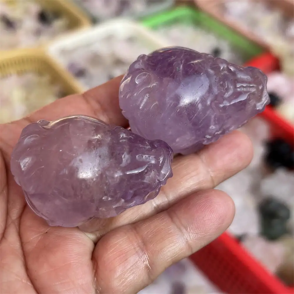 2 pièces de pierres décoratives en quartz améthyste naturel sculptées Pixiu, pour la guérison Reiki et le Fengshui, artisanat et cadeaux pour la maison et les fêtes