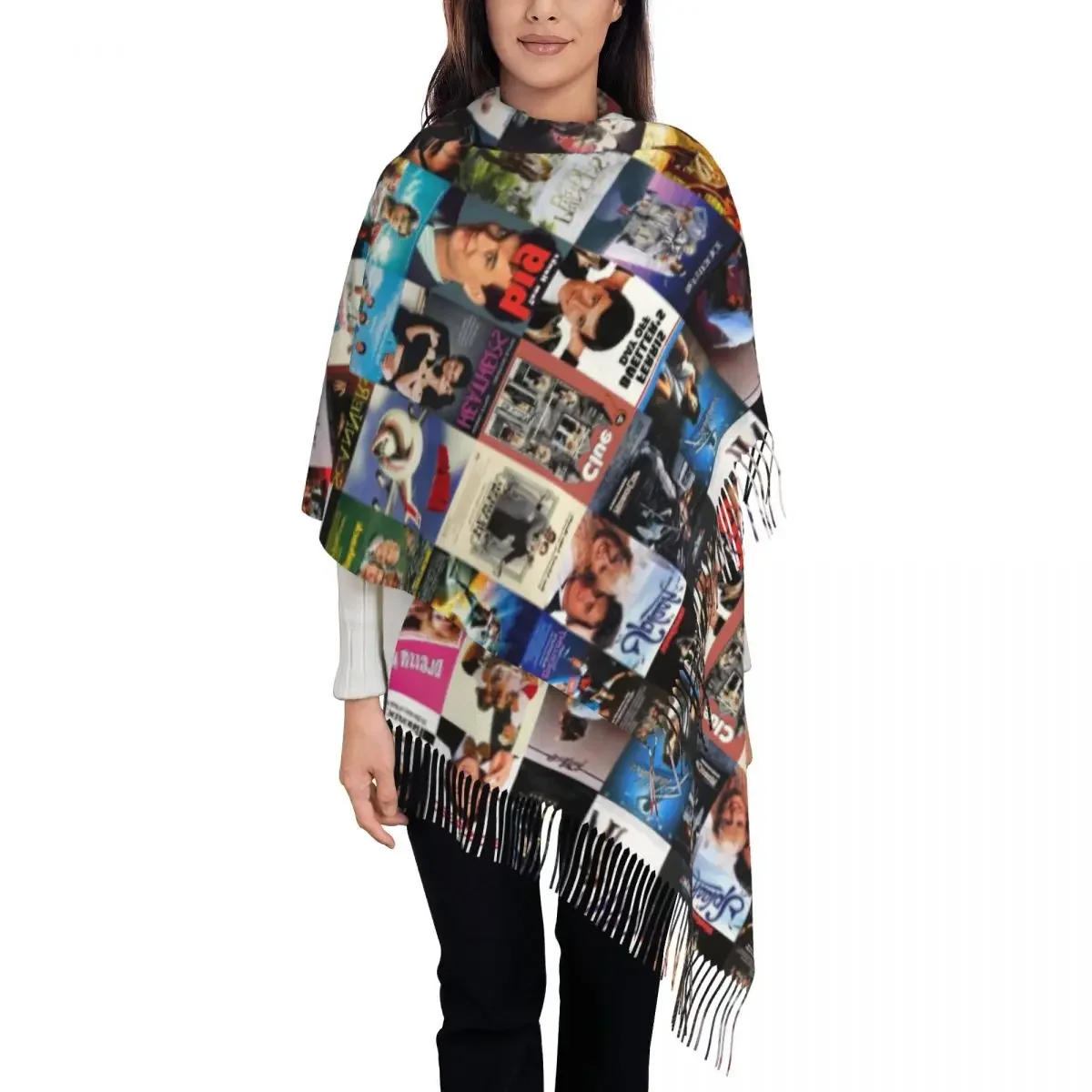 80s Movies Collage Tassel Scarf Women Soft Vintage Film Cinema Theater Gift Shawls Wraps Female Winter Fall Scarves