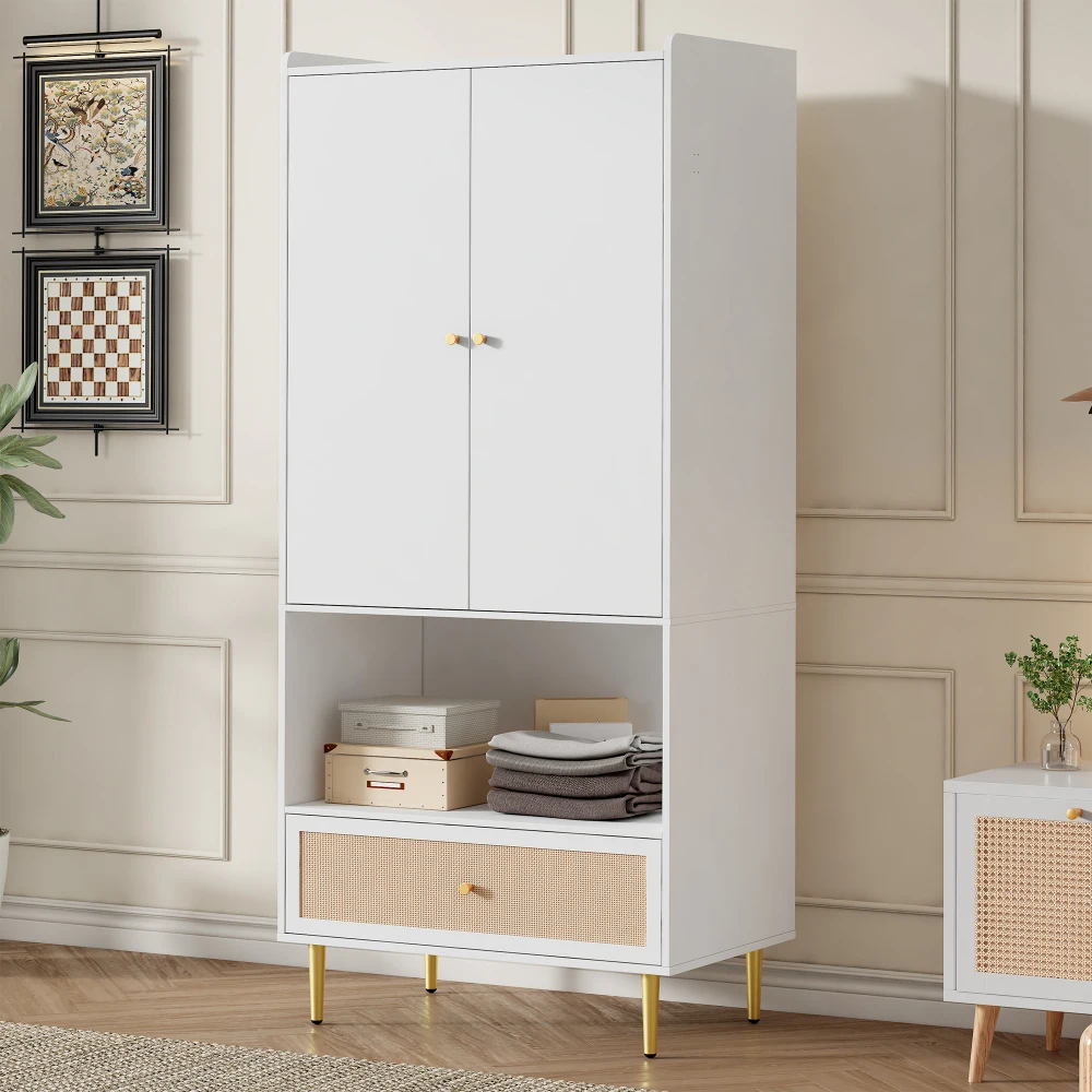 PINGGO Weißer Kleiderschrank mit 2 Türen, Rattanschublade, Metallbeinen und Griffen, 80x48x175cm, für Schlafzimmer und Wohnzimmer – Detail 7