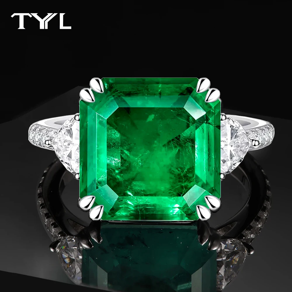 

TYYL Asscher Cut Lab Created Изумрудное кольцо из серебра 925 пробы, свадебные обручальные кольца с драгоценными камнями, вечерние обручи на палец, женские украшения