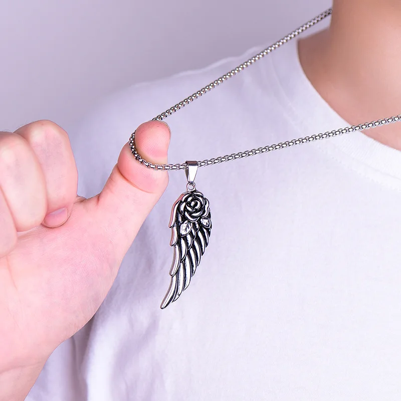 Koaem Fashion Vintage Jewelry Titanium Steel Feather Pendant Stainless Steel Cast Angel Wings Necklace image 4