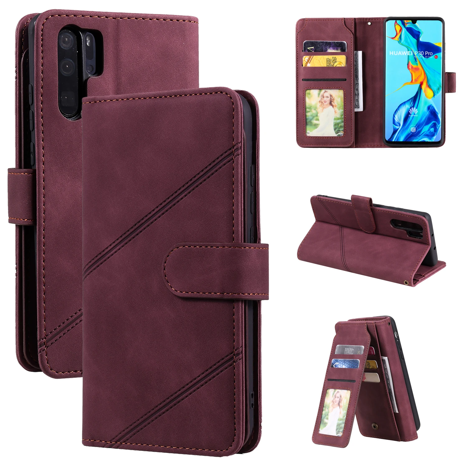 Capa de couro amigável com slots de cartão para huawei, design de carteira, fecho magnético, flip para p30 pro, p40 lite, note 3e, 4e, p smart 2019