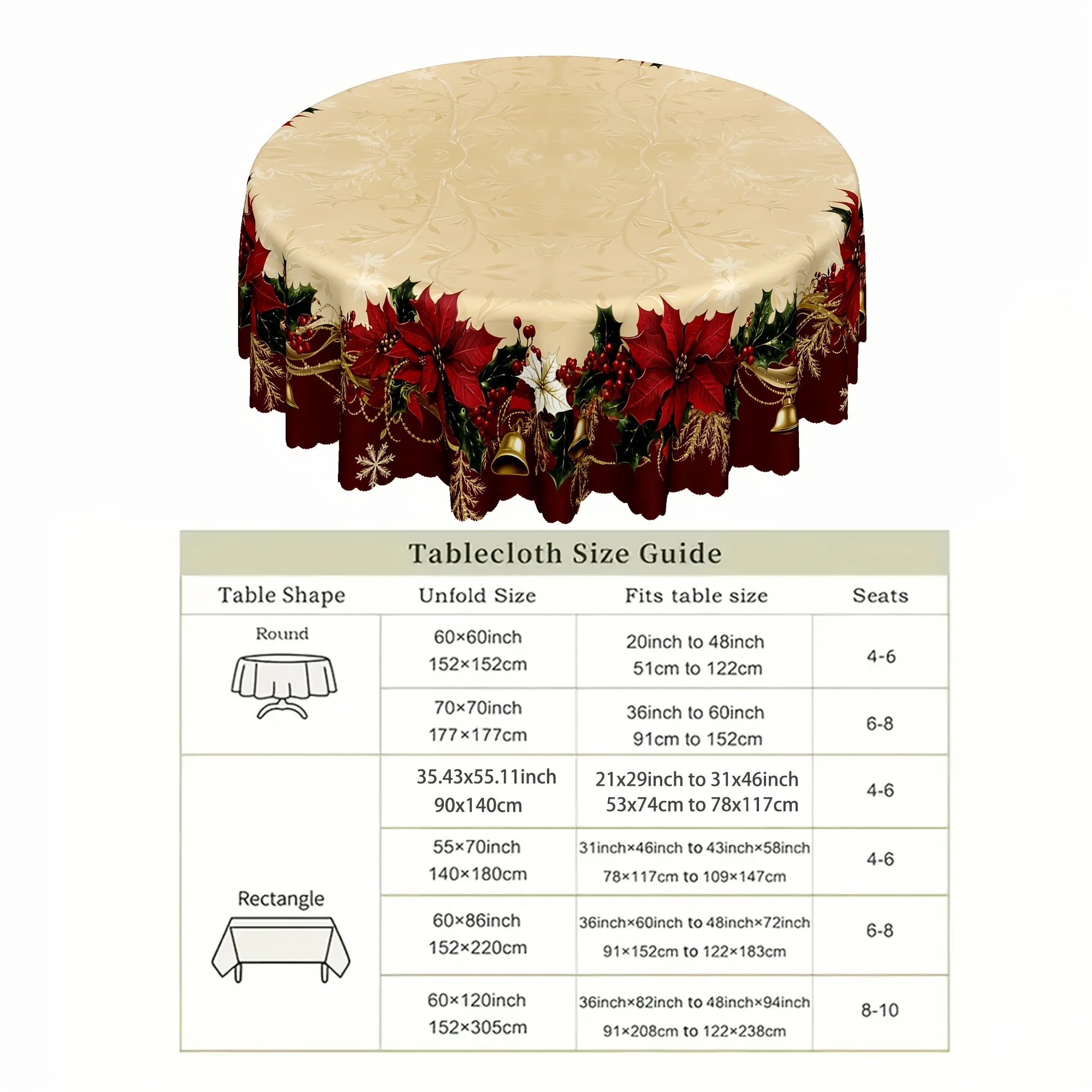 1Pc Christmas bell red flower print round tablecloth, tablecloth central vine texture, surrounded by red Christmas flowers