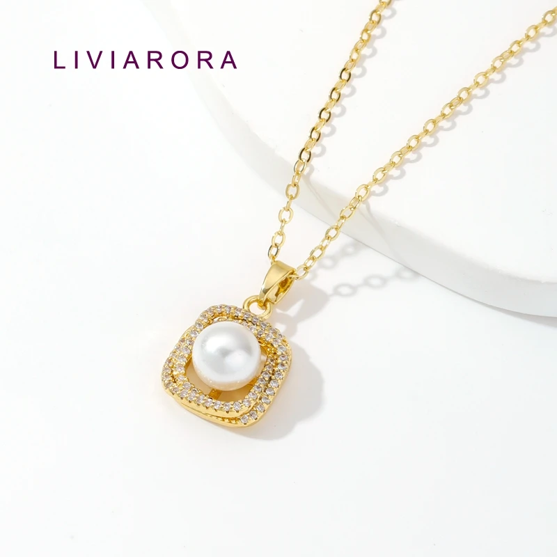 1/2/3Pcs 18K Gold Plated Brass Inlaid Zircon Square Charms Pendant,Round Pearl Charms,DIY Necklace Jewelry Making Accessories