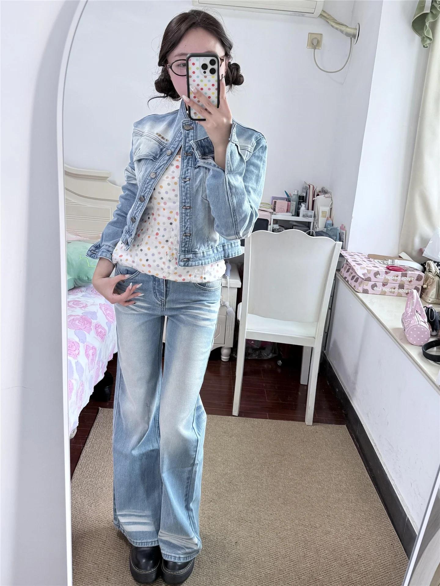 

Retro American Light Blue Low Waist Bell Bottom Jeans Women's Loose Slimming Washed Straight Floor-Length Pants