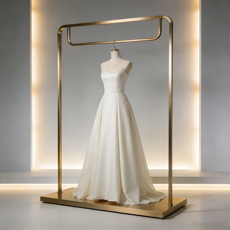 

Custom Gold Lady Wedding Dress Garment Display Stand Metal Hanger Rack Furniture for Bridal Store