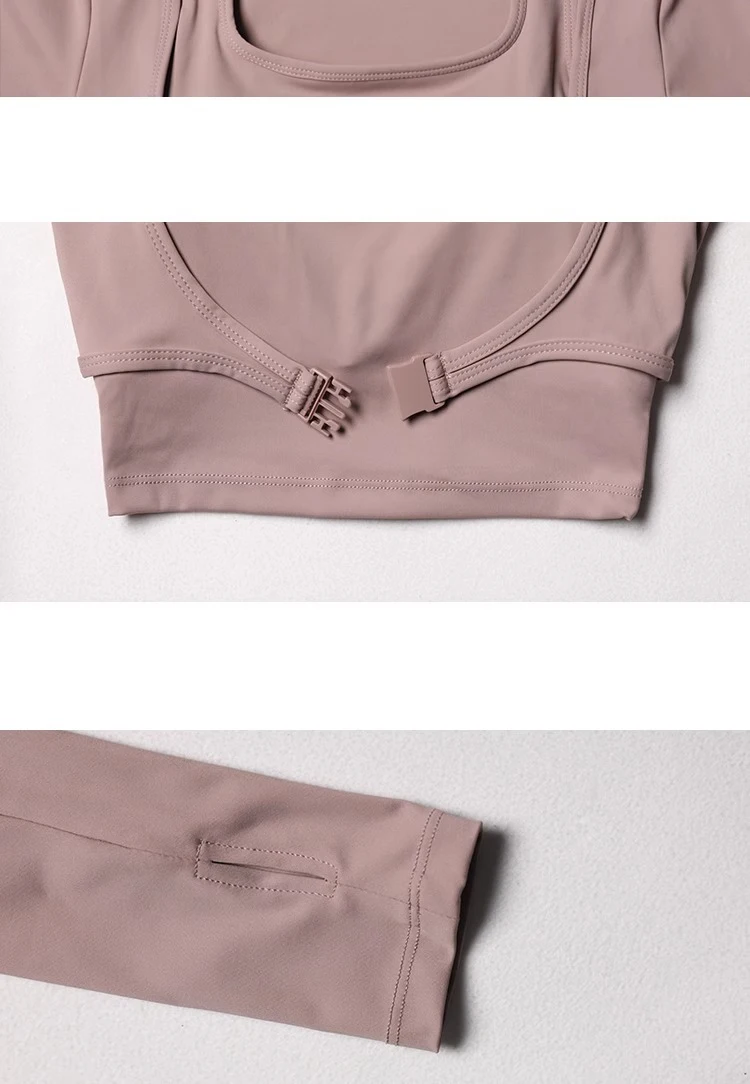 Herbst Sport Damen Oberteile Modische Langarm-Trainings-Tops mit Daumenlöchern Fitness Crop Yoga-Top – Detail 4