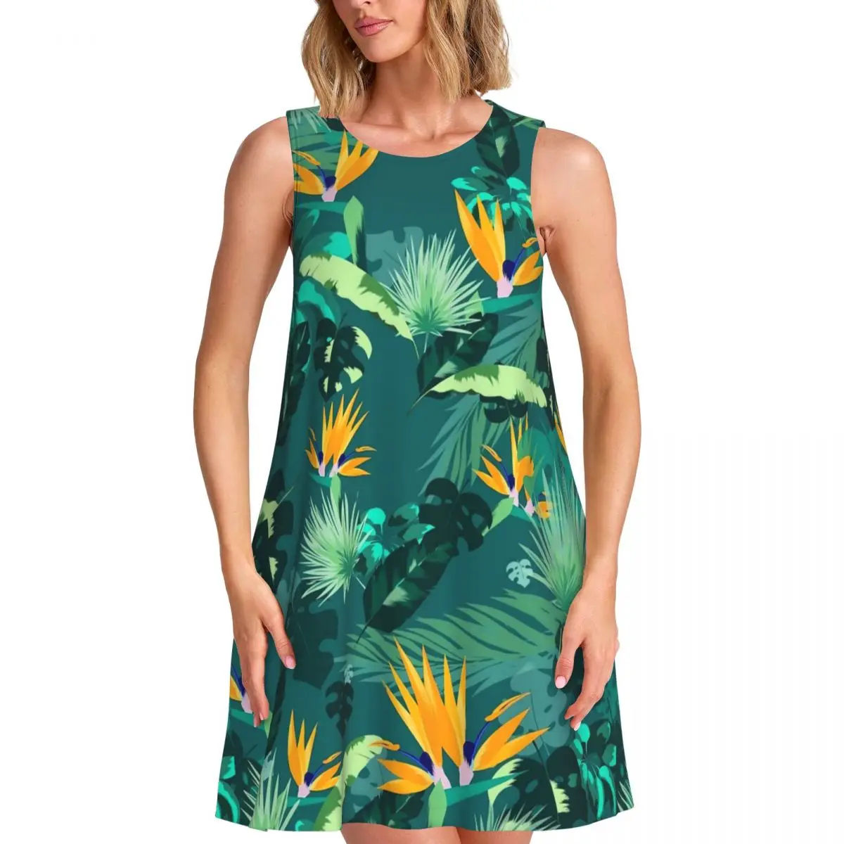 Tropical Floral Dress Jungle Leaves Club Dresses Woman Sleeveless Streetwear Casual Dress Spring Pattern Oversize Vestidos