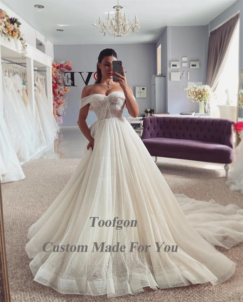 Toofgon A Line Shiny Tulle Wedding Dresses For Bride Off The Shoulder Women Bridal Gowns Party Dress Princess robe de mariée