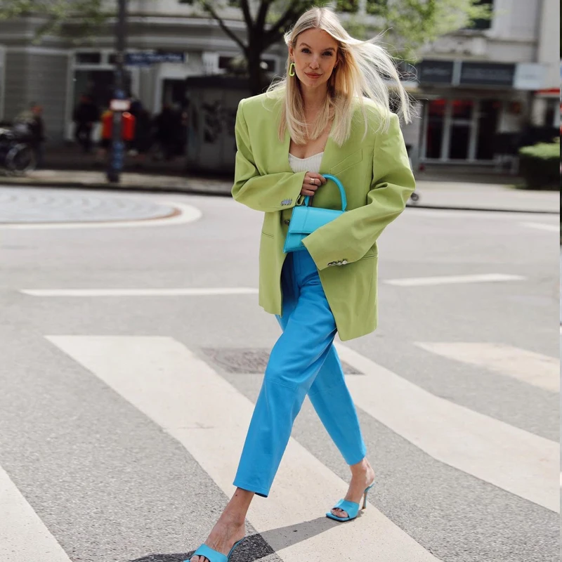 Spring Early Mint Green One Button Wide Shoulder Neckless Women's Sun Protection Suit Jacket Street Style Long Sleeve Midi