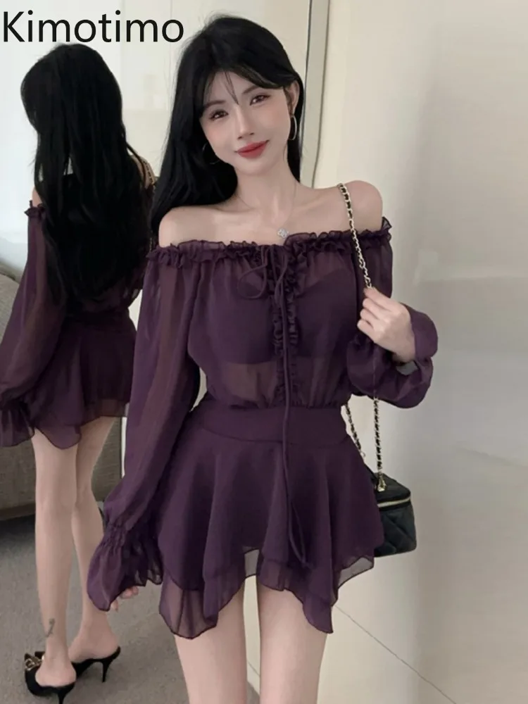 Kimotimo Sexy One Shoulder Chiffon Shirt Dress Women French Temperament Long Sleeve Waist Irregular A-line Party Short Dresses