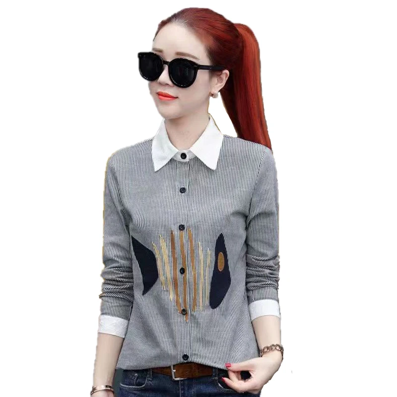 Casual gestreept lang Sve dames irt lente losse pasvorm halflange kraag knoopsluiting katoenmix geborduurd