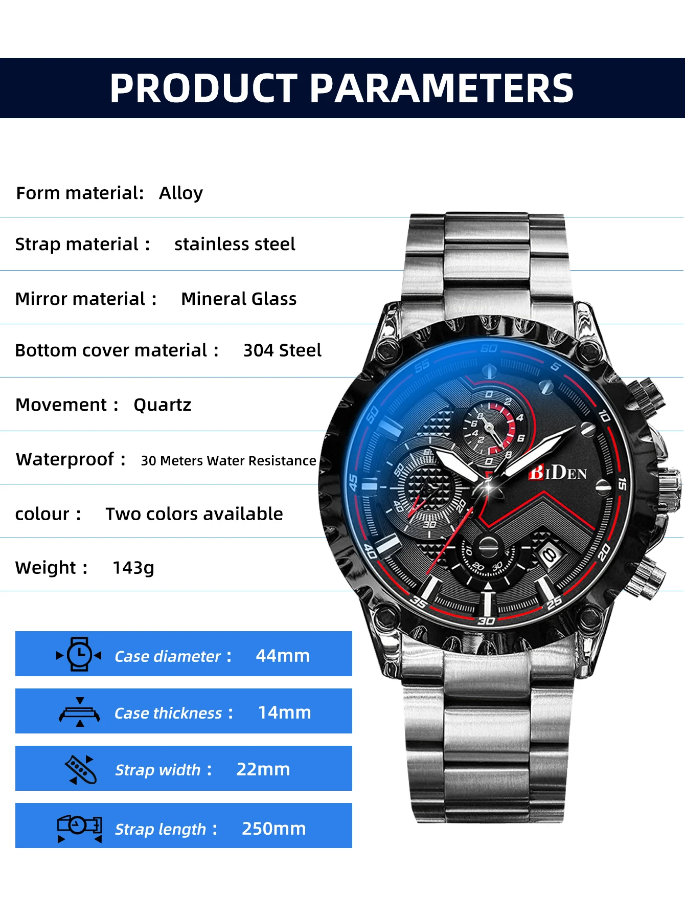 BIDEN Men's Large Dial Quartz Watch Stainless Steel Strap Six Pin Night Light Waterproof Date Men's Watch