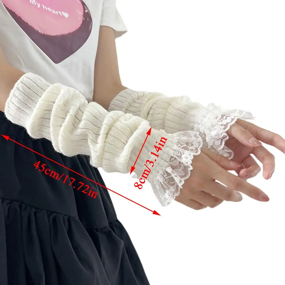 ถุงมือไหมพรมแขนยาวแบบกอธิค แต่งลูกไม้ระบาย ปลายแขนถักแบบยาว ถุงมือไหมพรมแบบไม่มีนิ้ว อุ่นสำหรับขี่มอเตอร์ไซค์ ถุงมือผู้หญิงสำหรับฤดูหนาว ปลอกแขนผู้หญิง