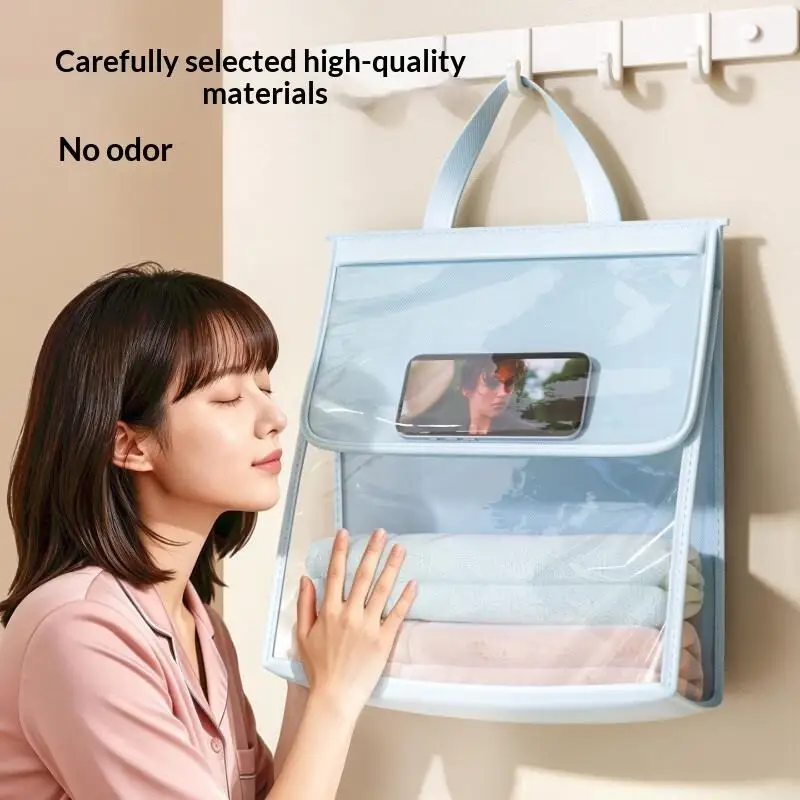 Waterproof Bathroom Hanging Storage Bag Large Capacity With Touch Screen Phone Pocket No Drilling Wall Mount Wet Dry Separation