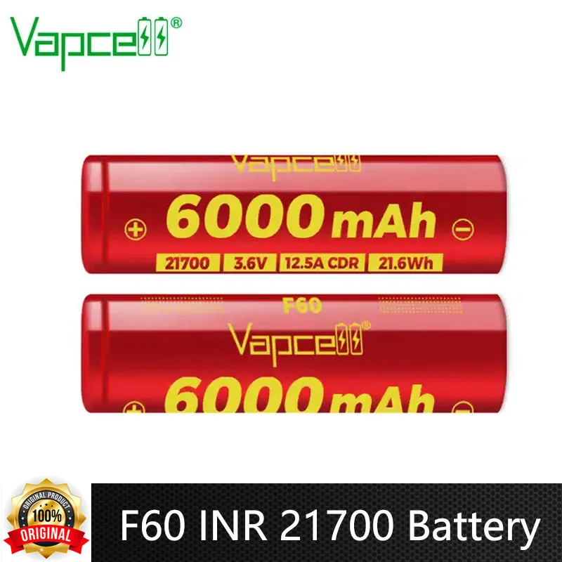 Original Vapcell F60 INR 21700 Battery 6000mAh High-capacity 21700 12.5A 3.6V Lithium Ion Battery For Flashlight Battery Pack