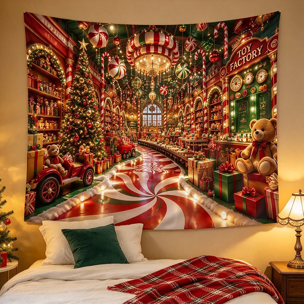 1PCS Tapestry, Christmas Toy Factory Interior Candy Teddy Tree Scene, Holiday Party Decoration for Home Studio Wall