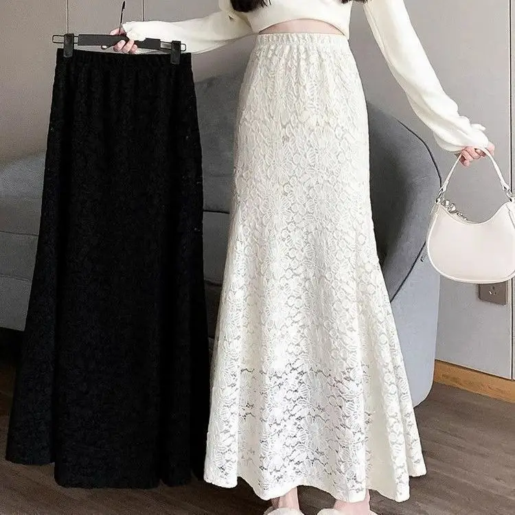 2025 Spring Fall Women High Waisted Black Beige Trumpet Lace Skirt , Romantic Long Mermaid Skirts for Woman Clothes