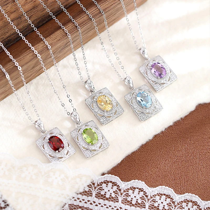 

Серебряное колье 925 пробы с натуральными камнями: топазом, цитрином и гранатом для женщин