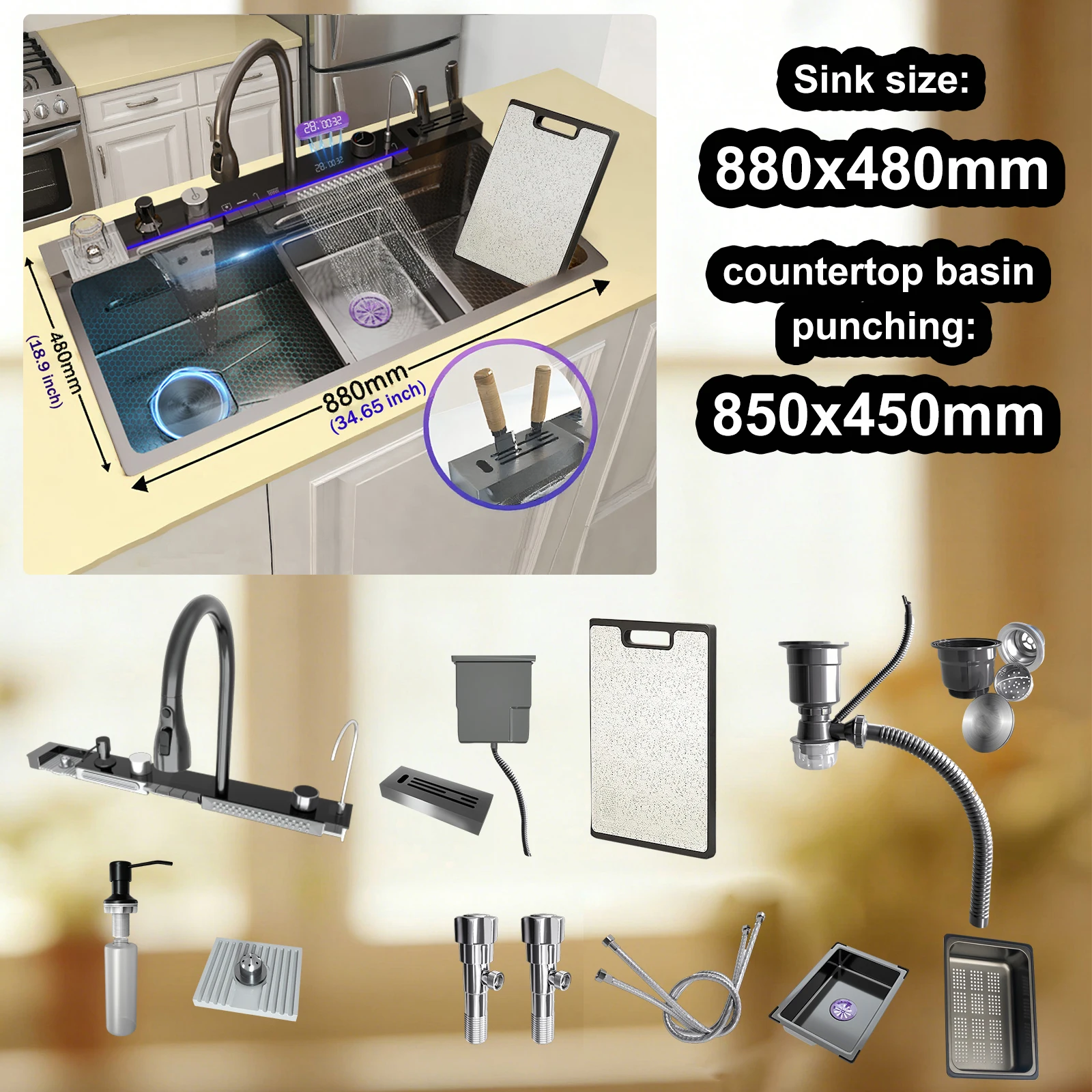 Multifunctionele keukenkranen Nieuwe RVS watervalkeukenkraan Geëmbosseerd digitaal display Grote enkele spoelbak EU magazijn