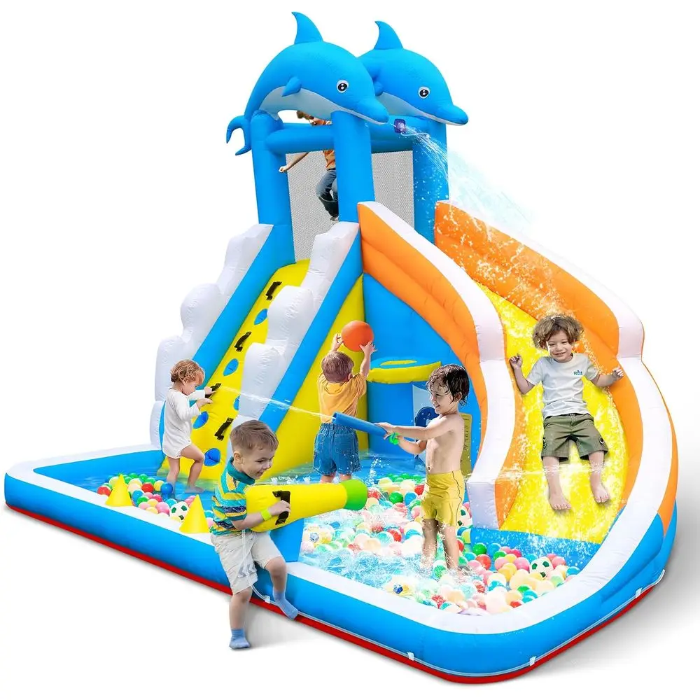 สไลเดอร์น้ำเป่าลม, บ้านลมเป่าลมรูปปลาโลมา 5 in 1 สำหรับเด็ก - ผนังปีนป่าย สระน้ำกระเซ็น ปืนฉีดน้ำ ห่วงบาสเก็ตบอล - 480W B
