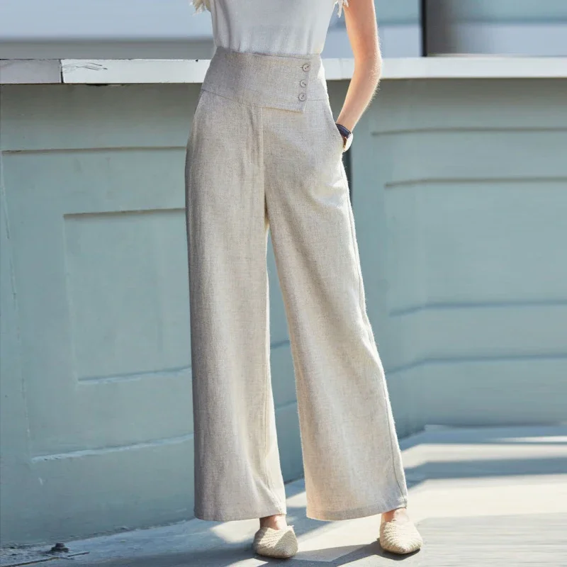 

2023 Spring Summer Casual Womens High Waisted Black Beige Linen Pants , Korean Fall Woman Female 3xl Wide Leg Trousers