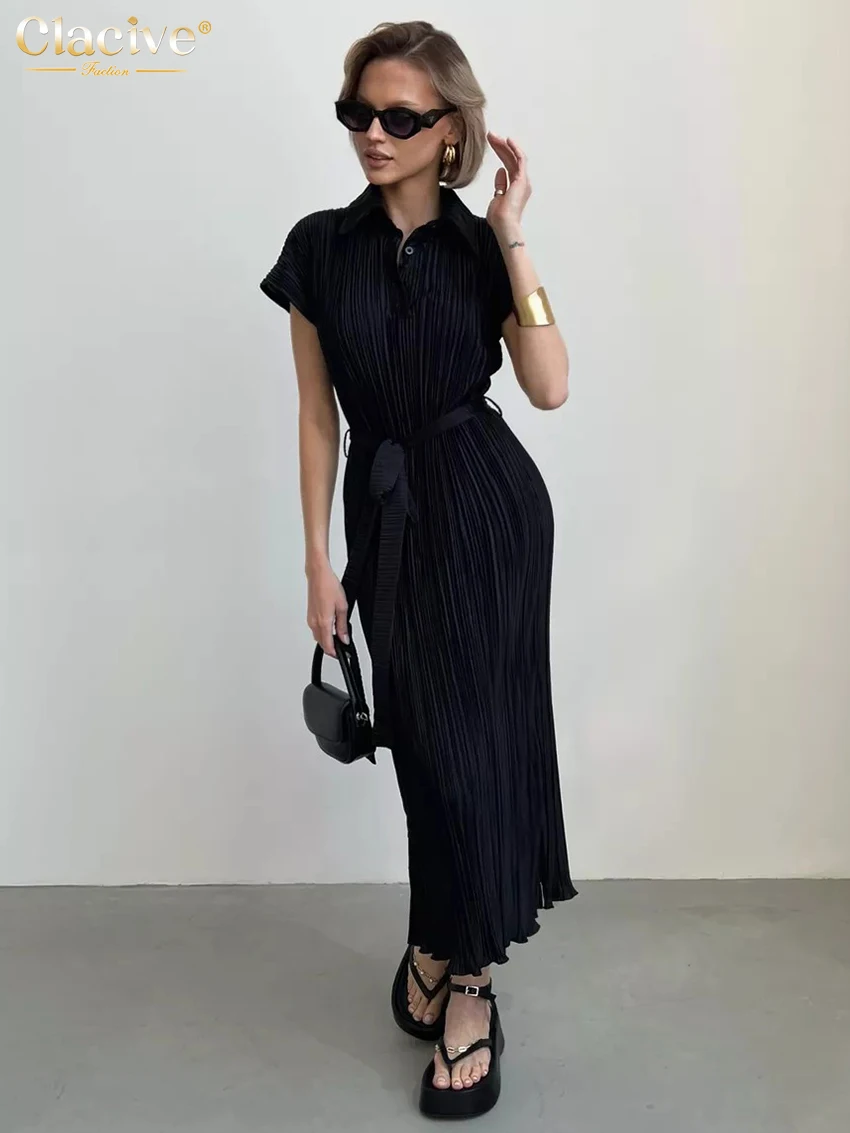 

Clacive Fashion Loose Black Pleated Women Dress 2025 Casual Lapel Short Sleeve Ankle Length Dresses Elegant Lace-Up Female Dress