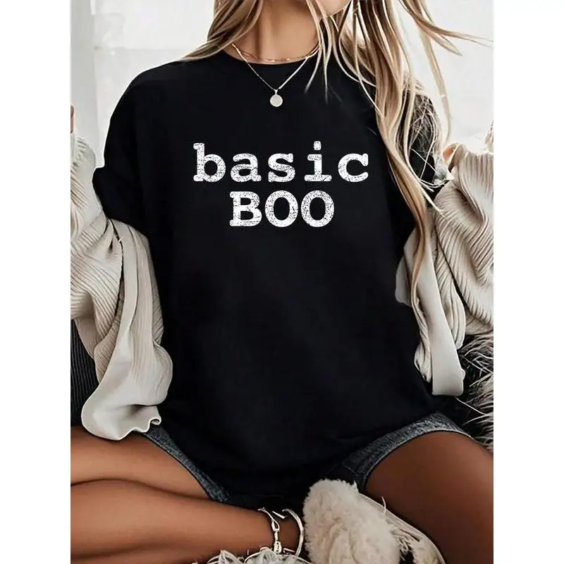 

Women's Basic Boo Halloween Sweatshirt, Funny Fall Season Tops, Ghost Graphic Pullover T-shirt, Party Gifts
