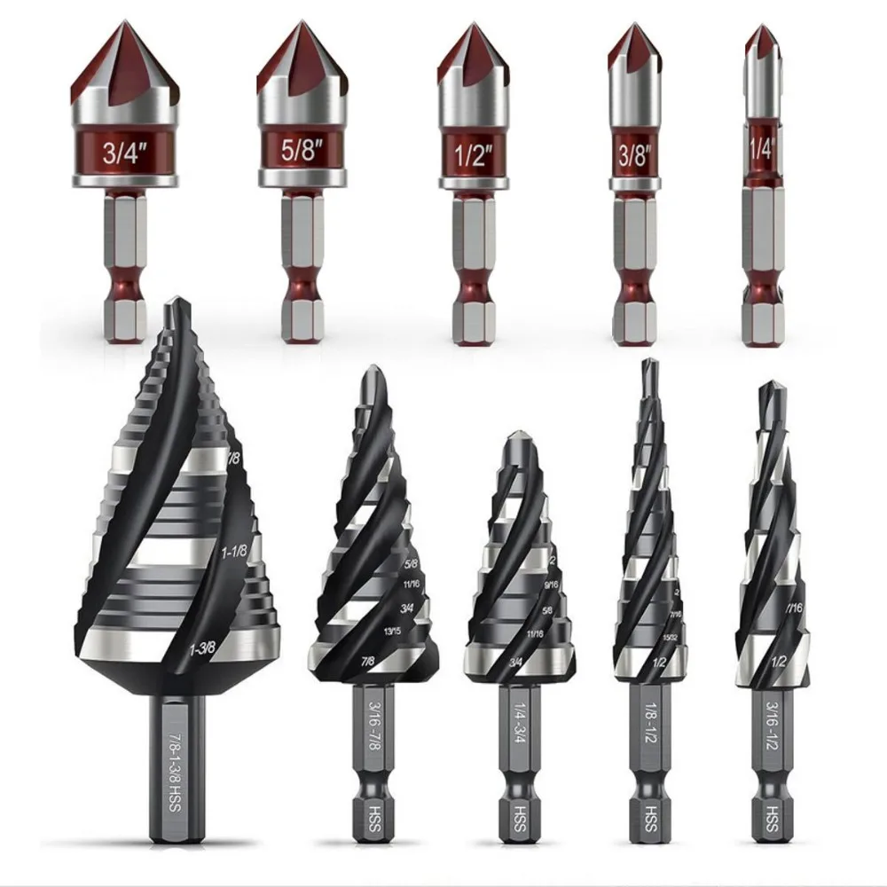 Vierfach-Spiralstufenfräser-Set für Metall, 50-teiliges Titan-beschichtetes HSS-Bohrer-Set mit 1/4-Zoll-Sechskantschaft für Stahl, Aluminium, Holz, Kunststoff