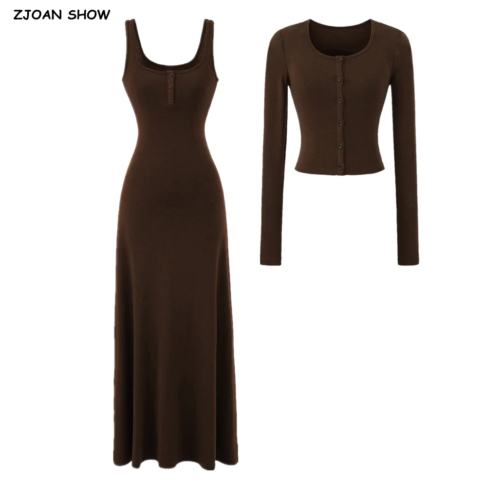 

2025 Women Single-breasted Buttons Knit Cotton Crop Cardigan T-shirt + U Collar Package hips Tank Dress Suits 2 pieces 1 Set