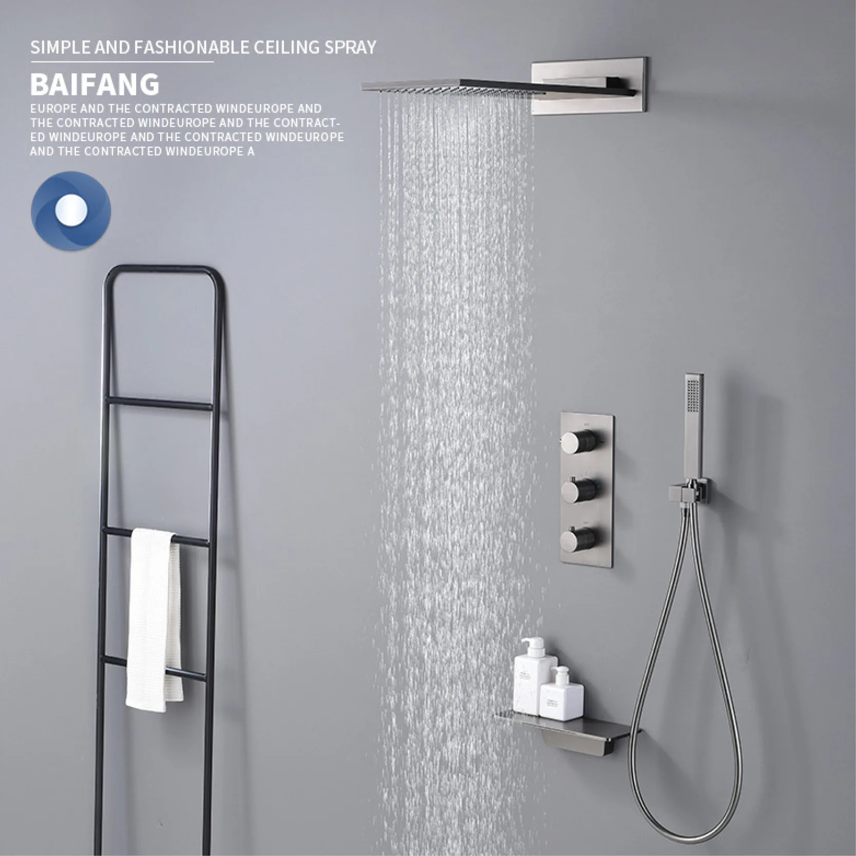 Luxury gun gray brass shower system with concealed design Three handles Dual control of hot and cold 4-function bathroom faucet