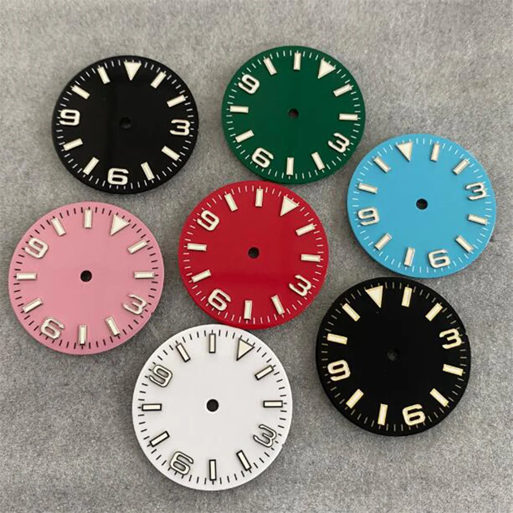 

Watch Dial 28.5mm, 3/6/9 Numerals Nails Dial Green Luminous Watch Face for NH35/NH36/4R/7S Movement, 3 3.8 4.2 o'clock Dial NH35
