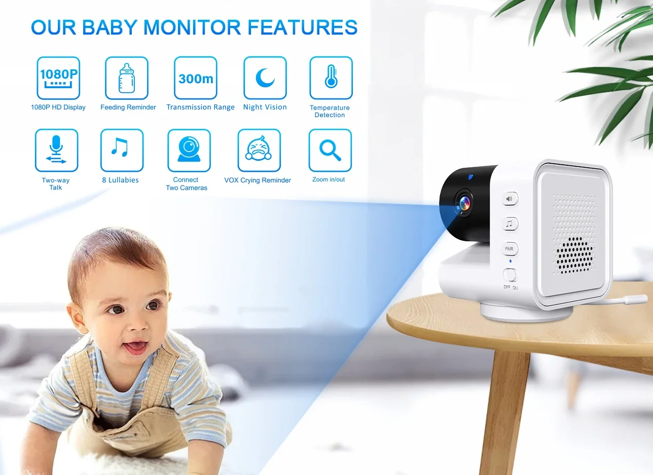 Baby Monitor 7 Inch HD Screen No WiFi /APP Private FHSS Transmission PTZ Night Vision VOX Cry Alert Temperature Monitor 5000mAh