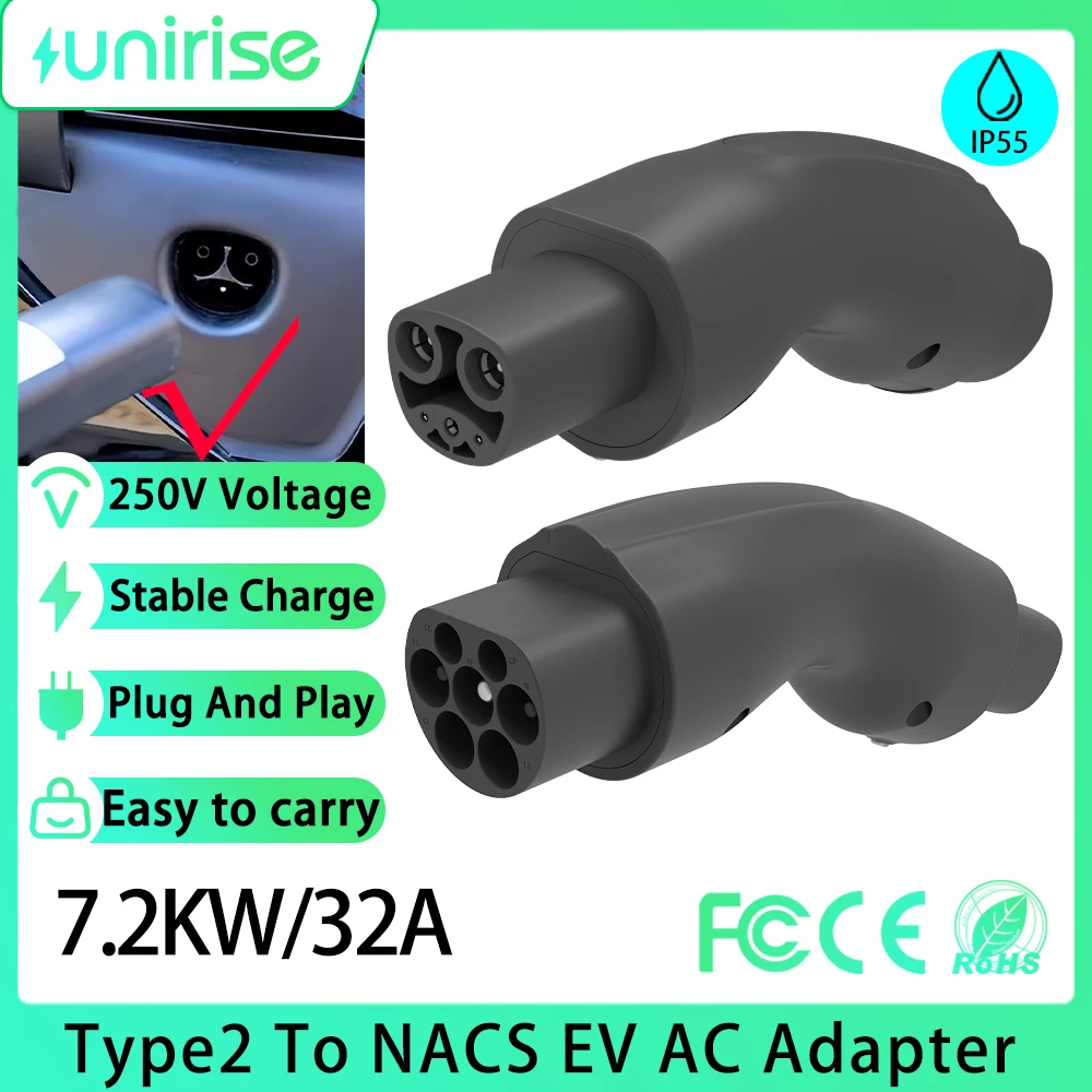 

UNIRISE 7,2 кВт 32A Зарядное устройство для электромобилей Type2 в NACS Преобразователь быстрой скорости Адаптер переменного тока, совместимый с Tesla Model 3/Y/X/S