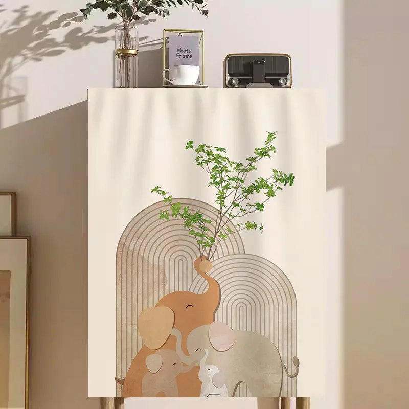 VIKAMA Boho Elephant Family Cabinet Curtain Self-adhesive Dustproof Cover for Kitchen Wardrobe Bookshelf Home Decor