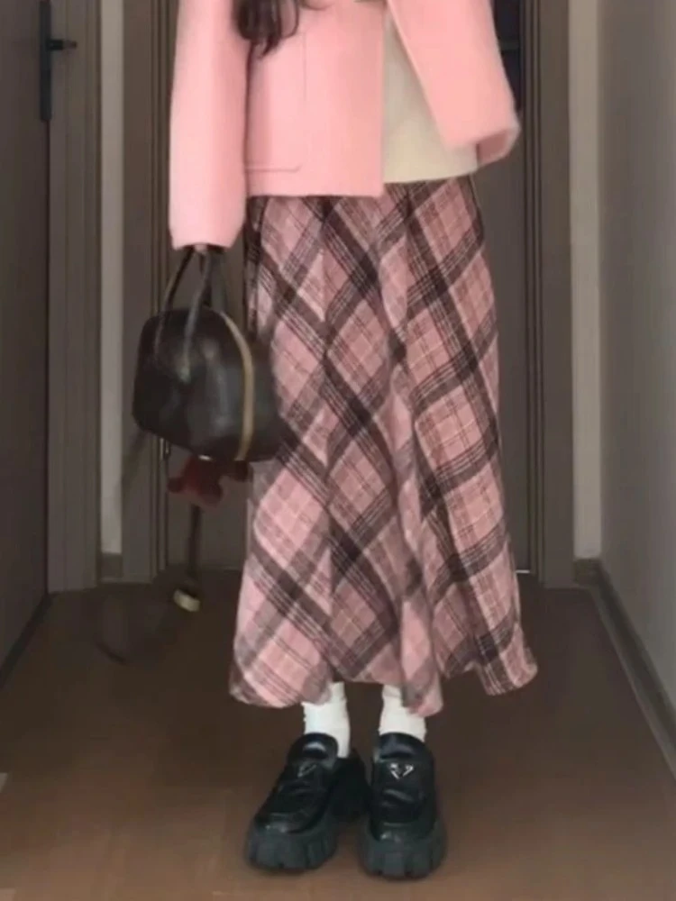 New Pink Autumn Winter Vintage Stripe Skirt Women High Waist A Line Mid Skirt Harajuku Female Sweet Chic Korean Popular Clothes