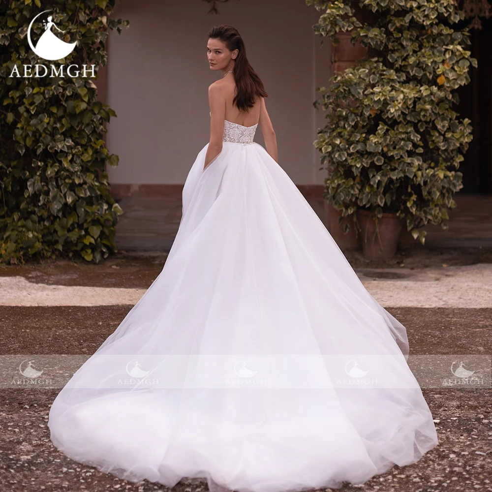 Aedmgh A-Line Chic Wedding Dresses Sweetheart Sleeveless Vestido De Novia Appliques Court Train Elegant Custom Made Bridal Gown