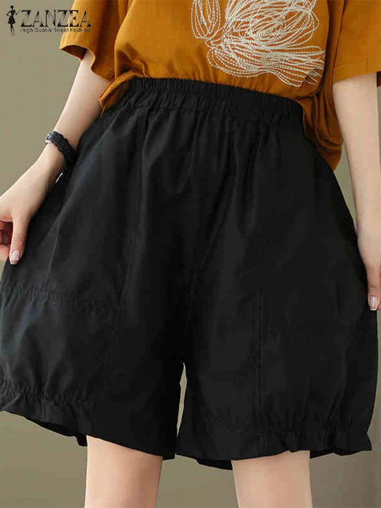 

ZANZEA Vintage High Elastic Waist Fashion Shorts Women Short Pants 2025 Summer Casual Solid Pockets Loose Pants Oversized Femme