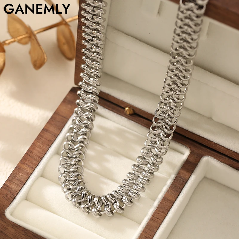 GANEMLY Edelstahl-Halskette aus Metall in silberner Farbe, dicke, klobige Kette für Damen, Hip-Hop-Punk-Halskette, wasserdichtes Schmuckset