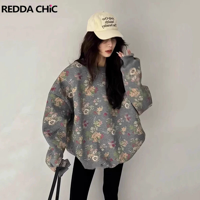 

REDDACHiC Vintage Gray Floral Hoodies Women Sweatshirt Korea Round Neck Long SleevesStriped Ribbon V-neck Jumper Winter Knitwear