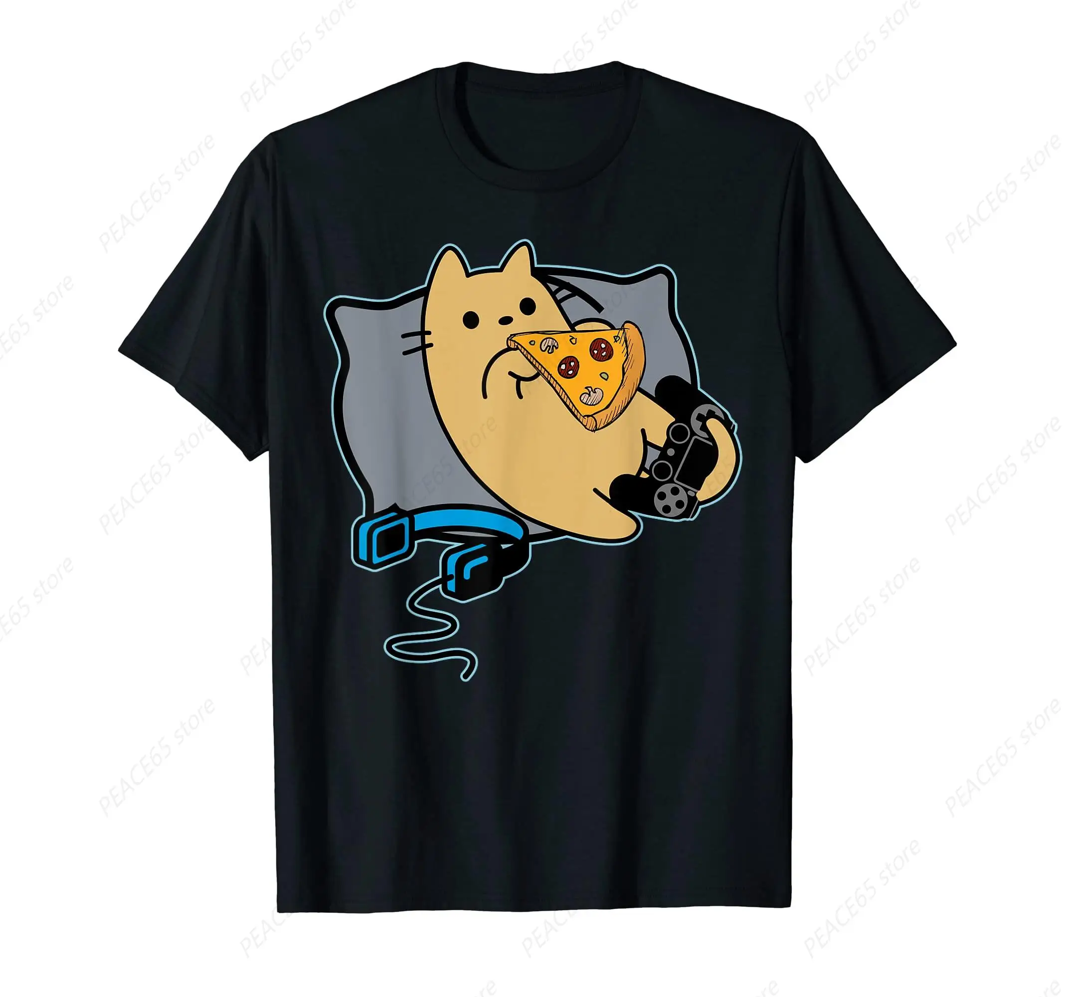 Cute Pizza Eating Gamer Cat Game Paused T-Shirt Cotton Short Sleeve All Seasons Home Game Room Tee