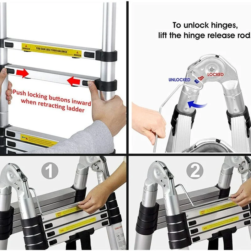 سلم تلسكوبي فولاذي عالي التحمل من Lucn بإطار 3.8 م/5 م على شكل حرف A، حامل 150 كجم ومستقر ومضاد للانزلاق مع مثبتات للمنزل العليقي التجاري