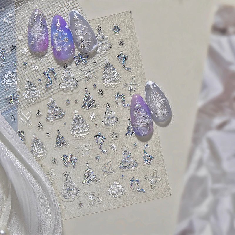 Autocollants pour ongles 3D de noël, à paillettes réfléchissantes, arbre de noël, pain d'épices, flocons de neige, autocollants adhésifs, manucure d'hiver, nouvelle collection 2025