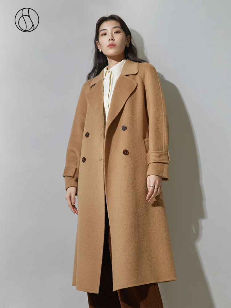 

DUSHU 100% Wool Temperament Camel Color Women Long Double Breasted Woolen Coat Raglan Sleeve Belt Design Female Wool Jackets