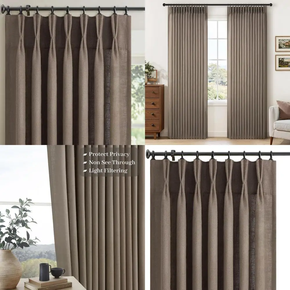 

Rustic Farmhouse Style 90 Linen Curtains, 2-Panels, Semi-Sheer, Pinch Pleat, Dark Brown