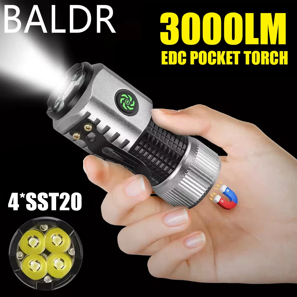 BALDR Mini 4 LED Flashlight Type-c Rechargeable EDC Pocket Torch with Tail Magnet Outdoor Camping Emergency Lamp 18350 Battery